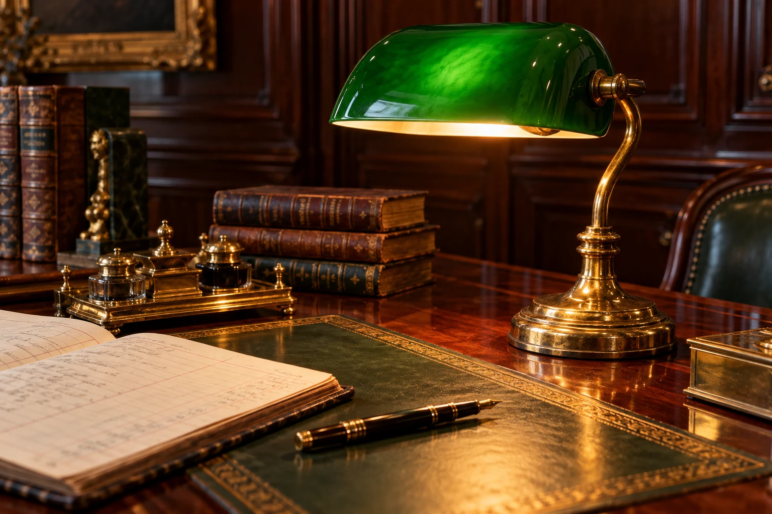 The warm glow of a traditional green banker’s lamp across a leather writing desk
