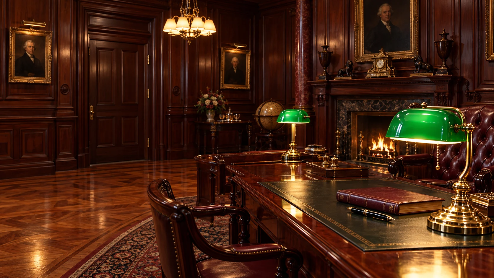 Glowing emerald-green banker’s lamps illuminate a polished mahogany desk in the partners’ richly paneled office